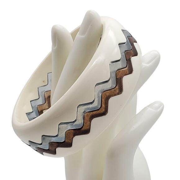 Acrylic Puzzle Bangles Zig Zag Bracelet Blue Brown Off White Wavy Interlocking - Picture 6 of 12